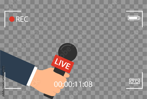 background with camera frame and record or rec vector isolated. focus TV in live news flat design. hand holding mic cartoon. Journalism and Microphone with journalist modern for sport in press