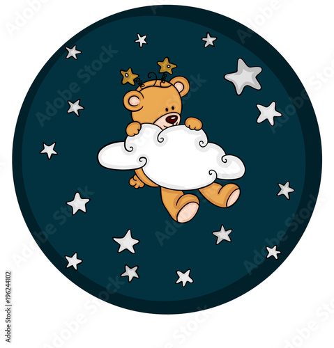 Cute teddy bear on sky with cloud and stars