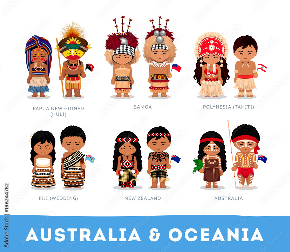 People in national clothes. Australia & Oceania. Set of cartoon characters  in traditional costume. Vector flat illustrations. Stock Vector | Adobe  Stock