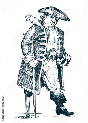 Pirate or captain man on ship traveling through the oceans and seas. Marine adventure of a sailor. hook and sailboat. engraved sketch hand drawn in vintage style. design for tattoo or print on t-shirt