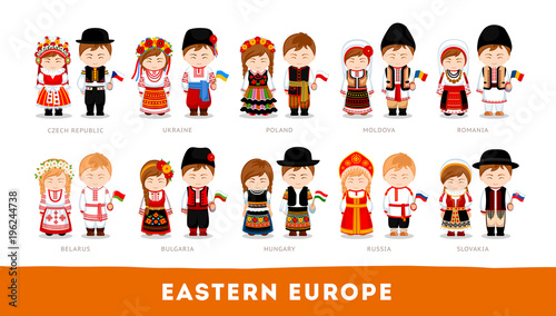 Europeans in national clothes. Eastern Europe. Set of cartoon characters in traditional costume. Cute people. Vector flat illustrations.