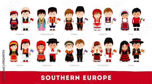 Europeans in national clothes. Southern Europe. Set of cartoon characters in traditional costume. Cute people. Vector flat illustrations. photo