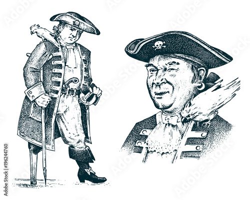 Pirate portrait. Captain man on ship traveling through the oceans and seas. Marine adventure of sailor hook. engraved sketch hand drawn, vintage style. vector design for tattoo or print on t-shirt.