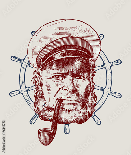 sea captain and steering wheel, marine old sailor with pipe or bluejacket, portrait of the seaman. travel by ship or boat. engraved hand drawn, vintage sketch for tattoo or print on t-shirt.