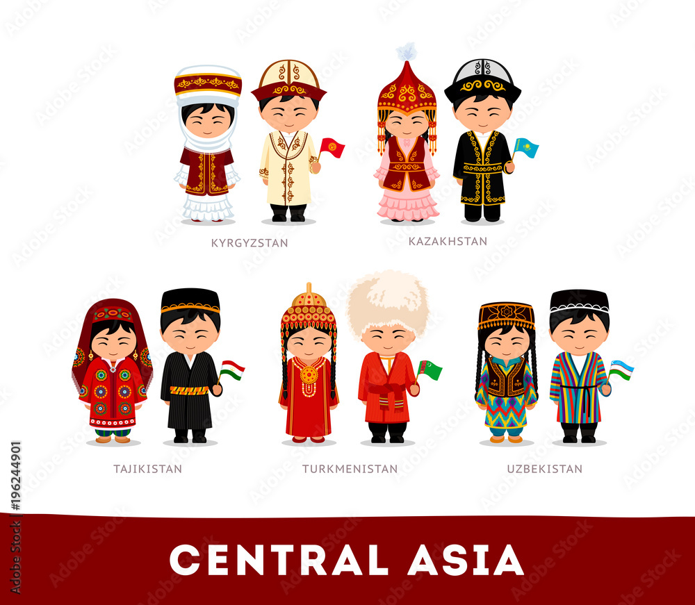 Asians in national clothes. Central Asia. Set of cartoon characters in  traditional costume. Cute people. Vector flat illustrations. Stock Vector