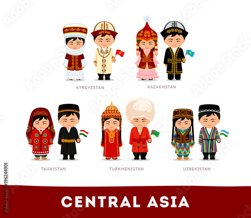 Asians in national clothes. Central Asia. Set of cartoon characters in traditional costume. Cute people. Vector flat illustrations.