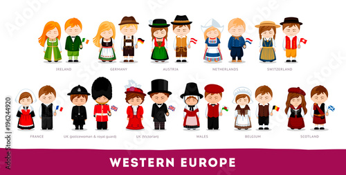 Europeans in national clothes. Western Europe. Set of cartoon characters in traditional costume. Cute people. Vector flat illustrations.
