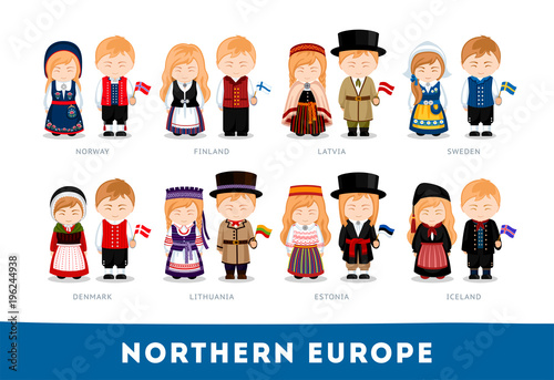 Europeans in national clothes. Northern Europe. Set of cartoon characters in traditional costume. Cute people. Vector flat illustrations.