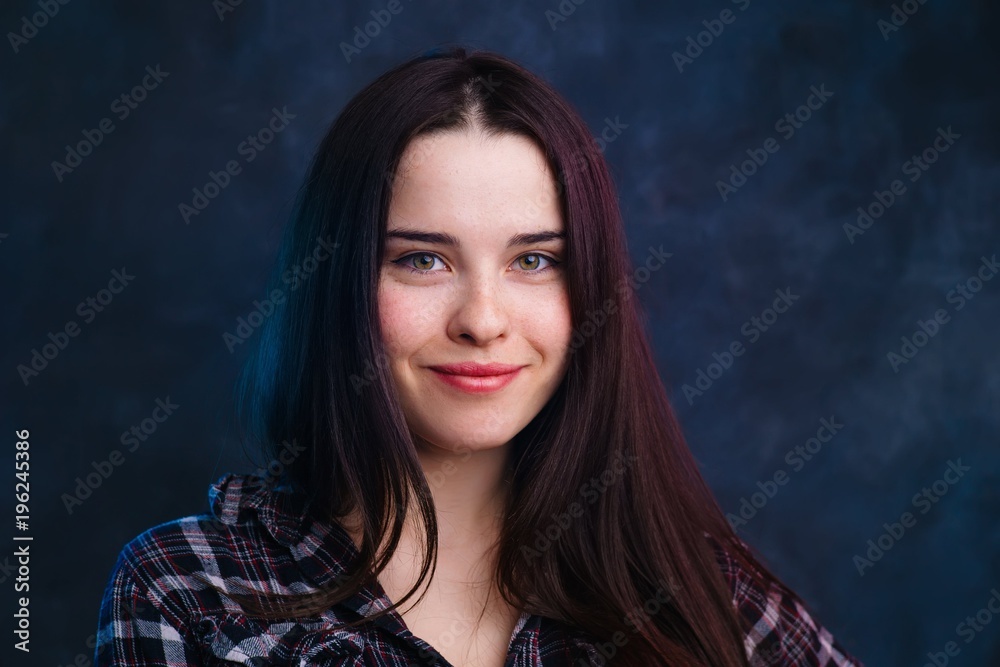Young cute smiling girl studio shoot. Natural beauty, minimal makeup concept Young cute smiling girl studio shoot. Natural beauty, minimal makeup concept