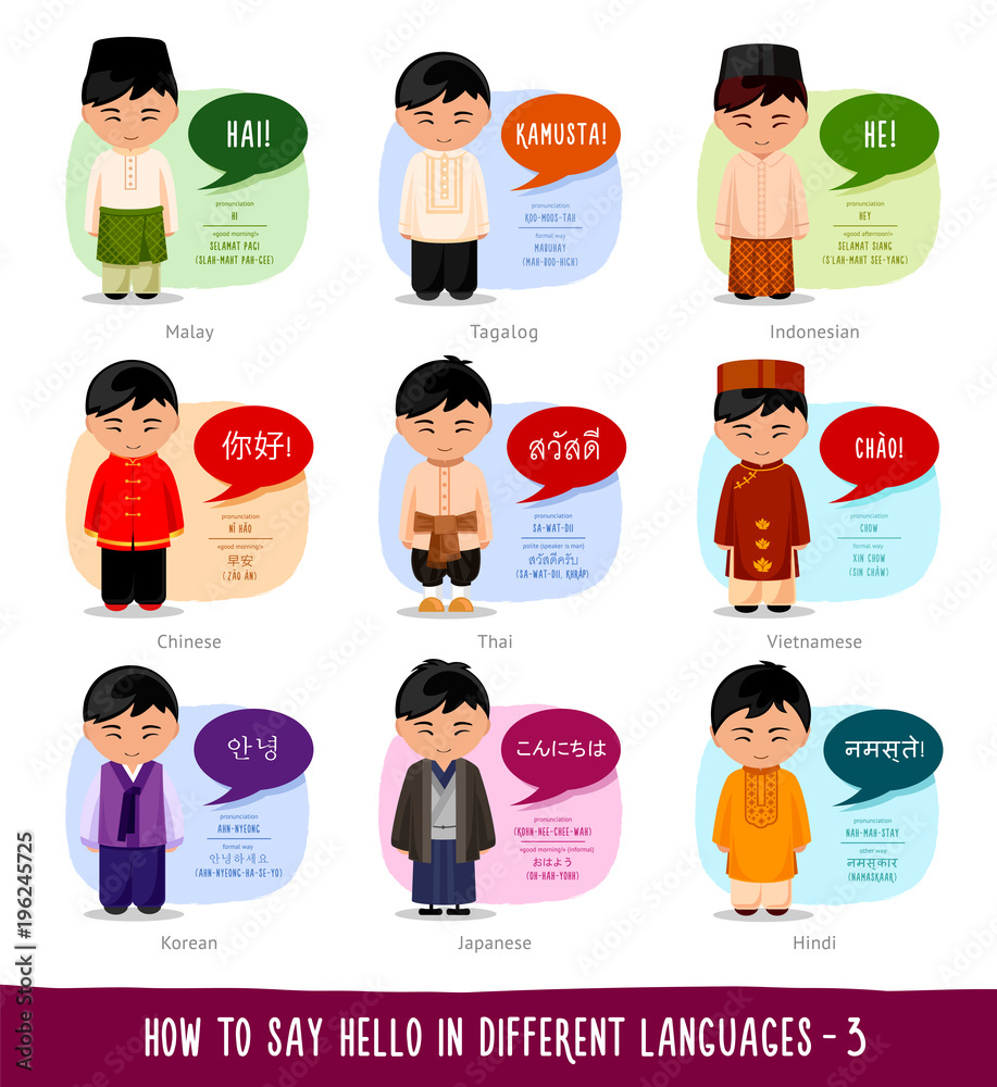 Hello in foreign languages: Indonesian, Filipino, Malay, Chinese, Thai,  Vietnamese, Korean, Japanese, Hindi. Cartoon boys with speech bubbles.  Template for dictionary. Vector flat illustration. Stock Vector | Adobe  Stock