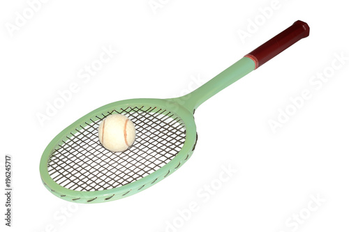 Old wooden racket for the big tennis isolated on white background photo