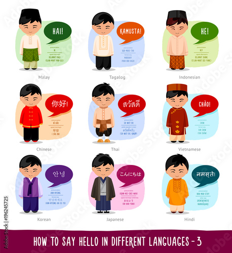 Hello in foreign languages: Indonesian, Filipino, Malay, Chinese, Thai, Vietnamese, Korean, Japanese, Hindi. Cartoon boys with speech bubbles. Template for dictionary. Vector flat illustration.