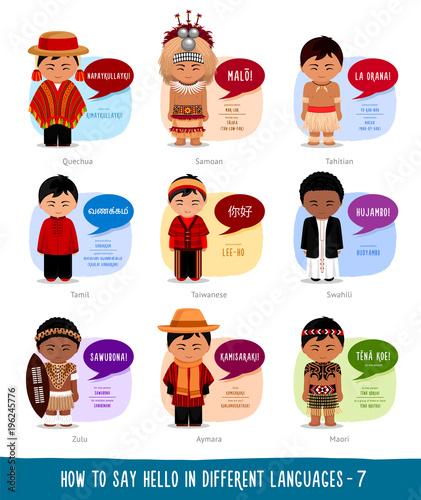 Hello in foreign languages: Quechuan, Aimar, Zulu, Taiwanese, Tahitian,Tamil, Maori, Samoan, Swahili. Cartoon boys with speech bubbles. Template for the dictionary. Vector flat illustration. photo