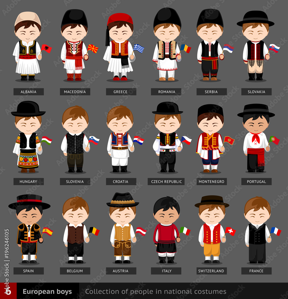 European boys in national dress with flag. Set of european men dressed in  national clothes. Collection of people in traditional costume. Vector flat  illustration. Stock Vector | Adobe Stock