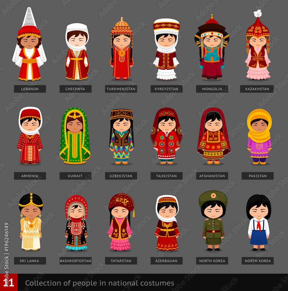 Girls in national costumes. Set of asian women dressed in national clothes.  Collection of cute cartoon characters. People. Vector flat illustration.  Stock Vector | Adobe Stock