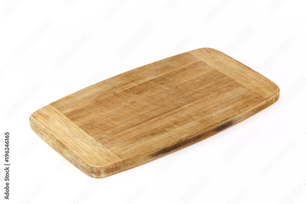 Scratched old cutting board isolated on white background