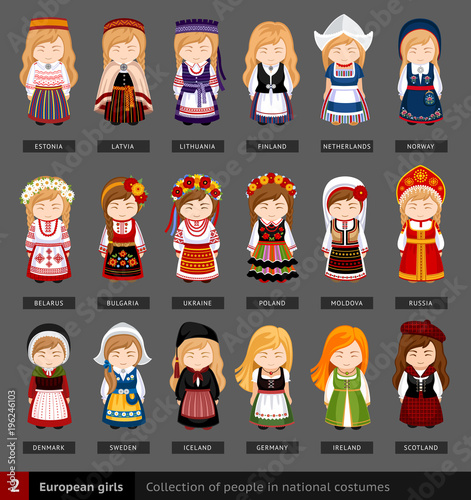 European girls in national dress. Set of european woman dressed in national clothes. Collection of people in traditional costume. Vector flat illustration.