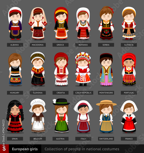 European girls in national dress. Set of european woman dressed in national clothes. Collection of people in traditional costume. Vector flat illustration.