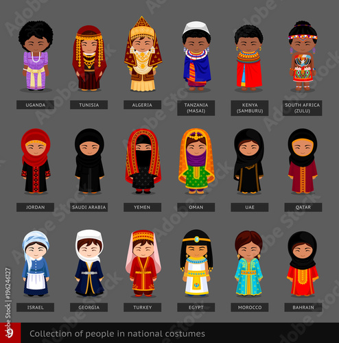 Girls in national costumes. Set of african and asian women dressed in national clothes. Collection of characters. Vector flat illustration.