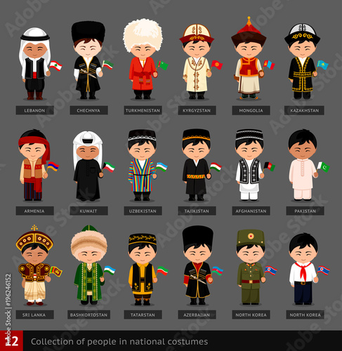 Boys in national costumes. Set of asian men dressed in national clothes with flag. Collection of cute cartoon characters. People. Vector flat illustration.