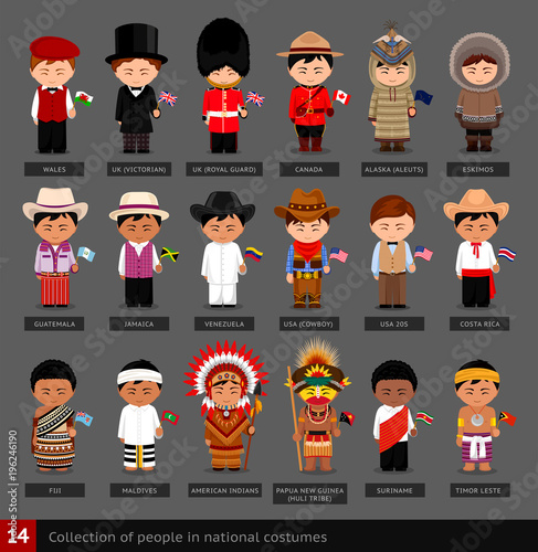 Boys in national costumes. Set of men dressed in traditional clothes. Collection of cute cartoon characters. People. Vector flat illustration.