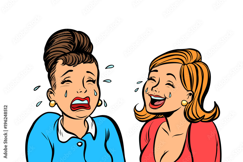 girlfriend women one cries, other laughs isolate on white backgr girlfriend women one cries, other laughs isolate on white backgr