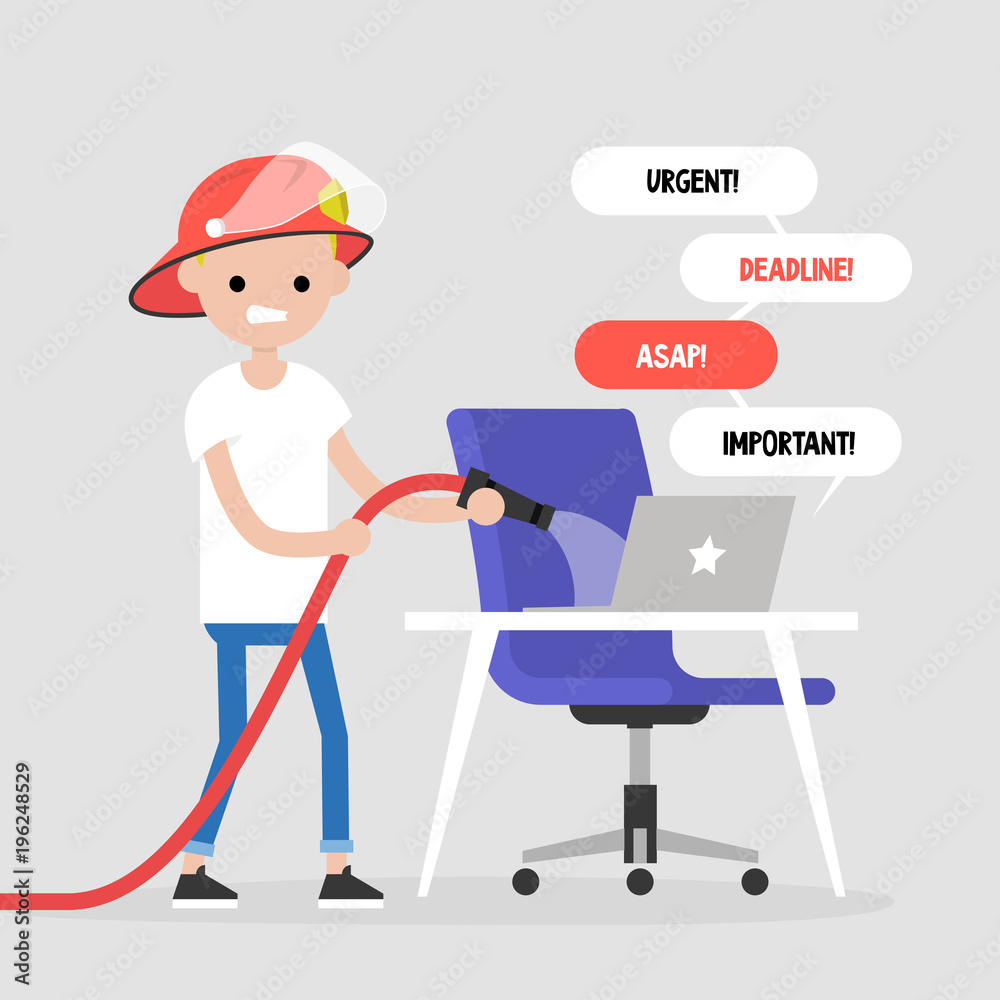 Troubleshooting, conceptual illustration. Young character trying to extinguish a fire on his workplace / flat editable vector illustration, clip art