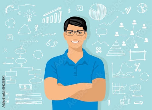Young attractive smiling man with glasses against the background of the graphic elements, symbols, circle, scribbling, select the footage items, arrows, underline, curves, arrows, symbols, square