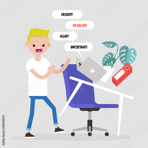 Young angry manager flipping a desk. Stress at the workplace. Flat editable vector illustration, clip art