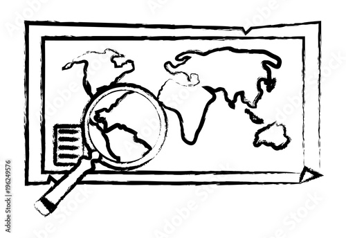 sketch of World map with magnifying glass over white background, vector illustration