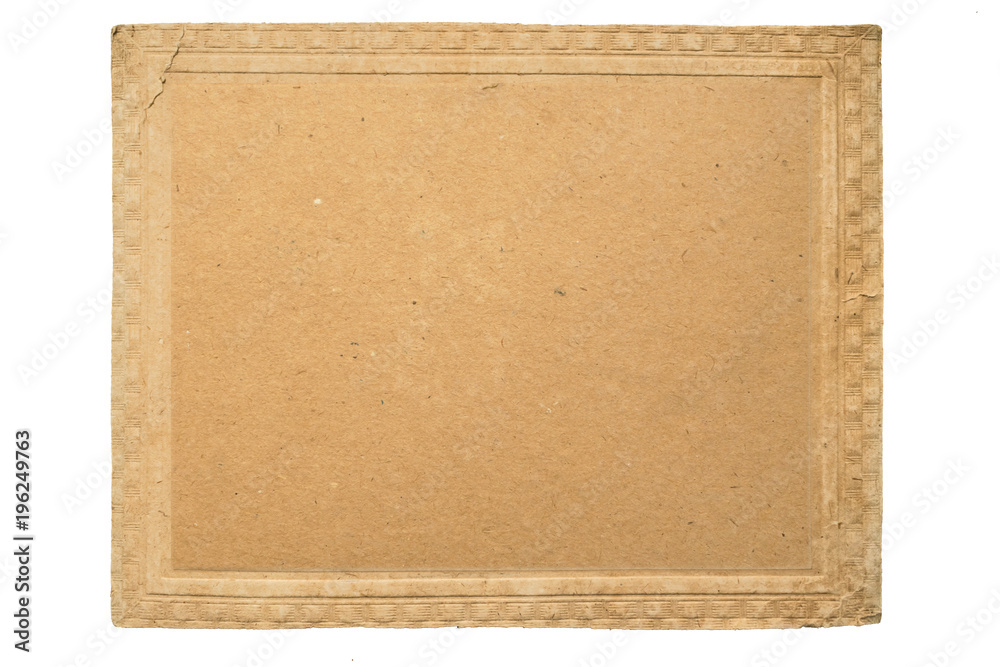 Vintage cardboard frame with retro border pattern. Old grunge texture brown paper for background. Antique cardboard photo frame, isolated on white.