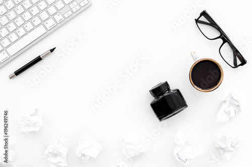 ink, dip pen, keyboard, coffee, glasses for writer workplace set on white office background top view mock-up