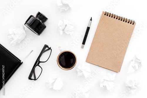 retro and modern writer desktop with coffee and ink white table background top view mock up