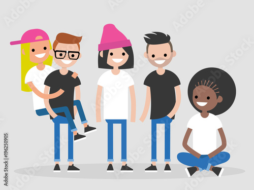 International group of young friends. Diversity. Millennials. Full length characters. Flat editable vector illustration, clip art
