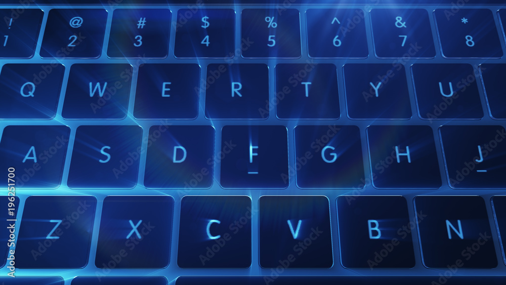 Computer keyboard with blue backlight close up 3d illustration