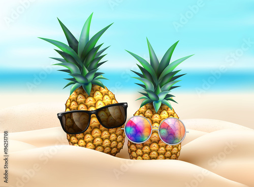 Pineapple in sunglasses at beach party