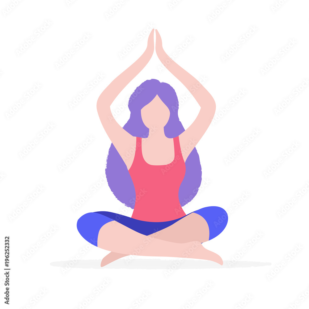 Woman doing yoga vector flat illustration isolated on white background. Girl sitting in lotus pose doing physical exercises and meditation. Woman doing yoga vector flat illustration isolated on white background. Girl sitting in lotus pose doing physical exercises and meditation.