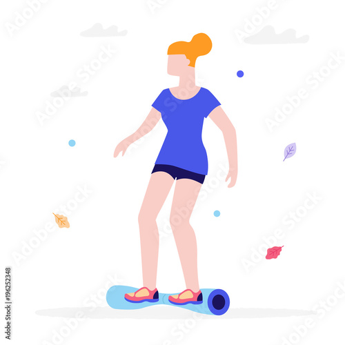 Girl riding a gyroscooter flat illustration isolated on a white background. Young woman on a hoverboard rides in a park.