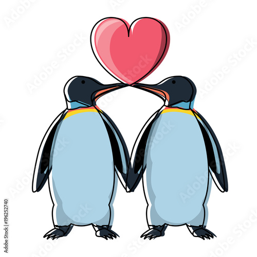 cute couple of penguis with heart icon over white background, colorfu design. vector illustration