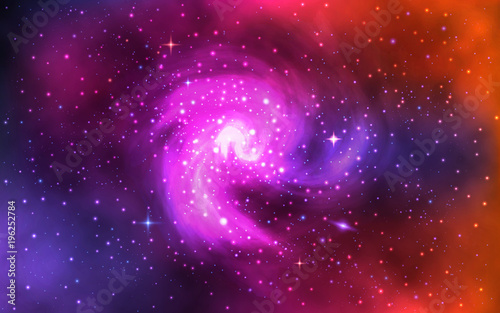 Cosmic spiral galaxy. Realistic color space background with nebula, stardust and shining stars. Universe with colorful planets. Trendy vector illustration