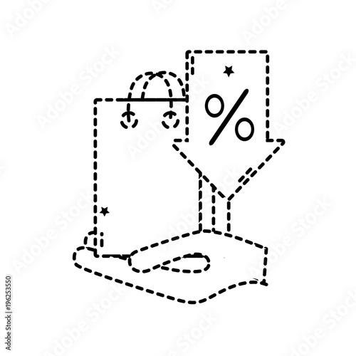 dotted shape hand with shopping bag and arrow percent