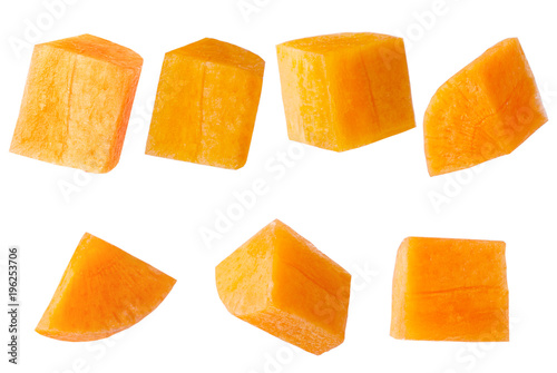 Isolated set of vegetables. Collection of piece carrot isolated on white background with clipping path as package design element.