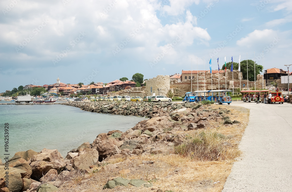 View of the bay, the seafront and part of the ancient fortress wall of the old Nessebar.