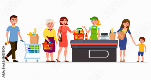 Various flat people at the supermarket buying products at the cashbox with cute cashier. Men and women at mall. Family in shop with baskets and cartoon bags vector flat illustration.