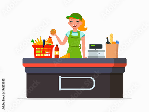 Supermarket cashier vector flat illustration isolated on white background. Woman - cashier smiling at the cashbox with goods and products.