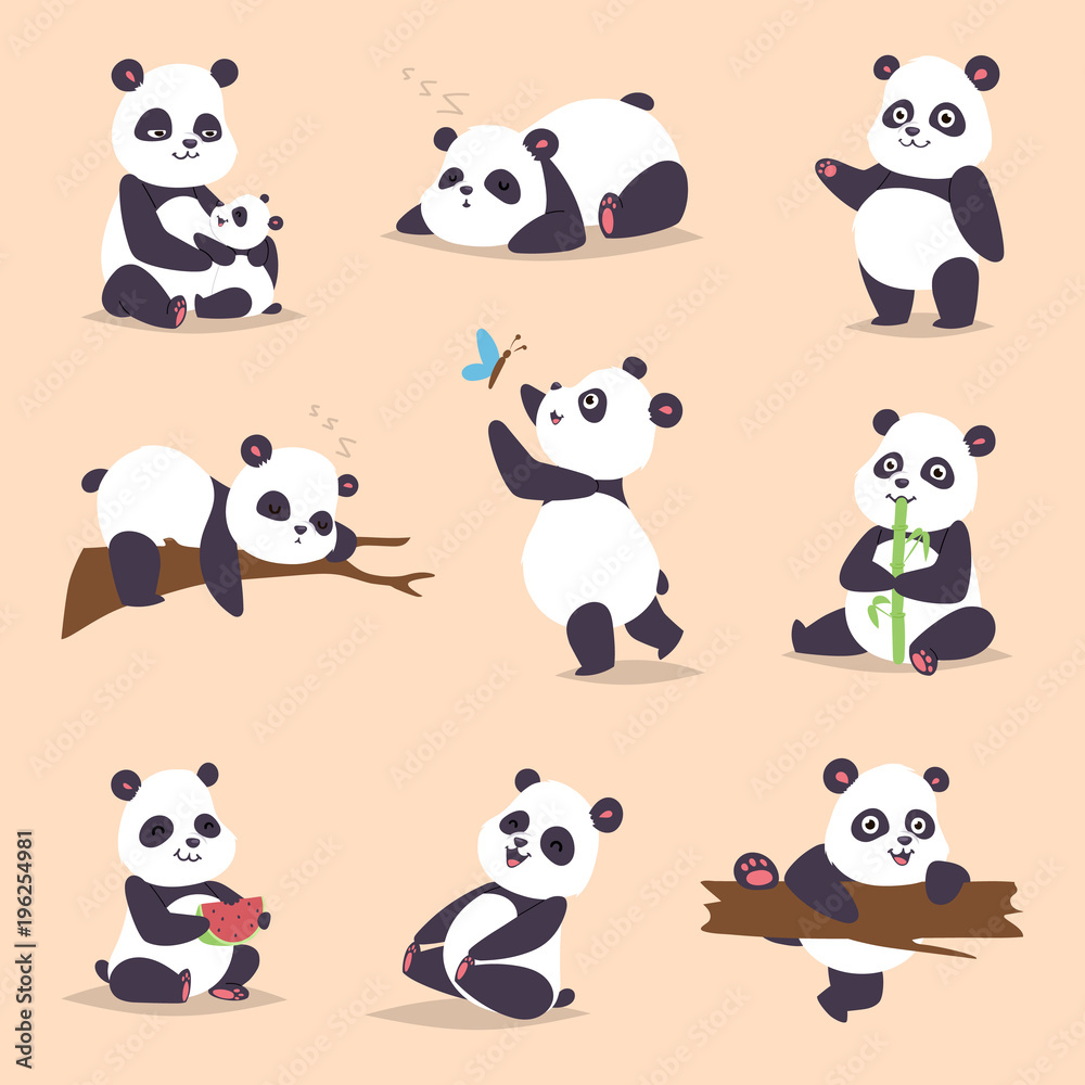 Panda cartoon character in various expression vector animal white cute china  black panda bear giant mammal fat wilderness rare. Lying woods panda bear  eating bamboo china wild animals Stock Vector | Adobe