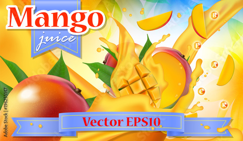Vector ads 3d promotion banner, Realistic mango fruit splashing with falling slices, juice drops, vitamins, leaves. Mock up for juice, ice cream, yogurt brand advertising.