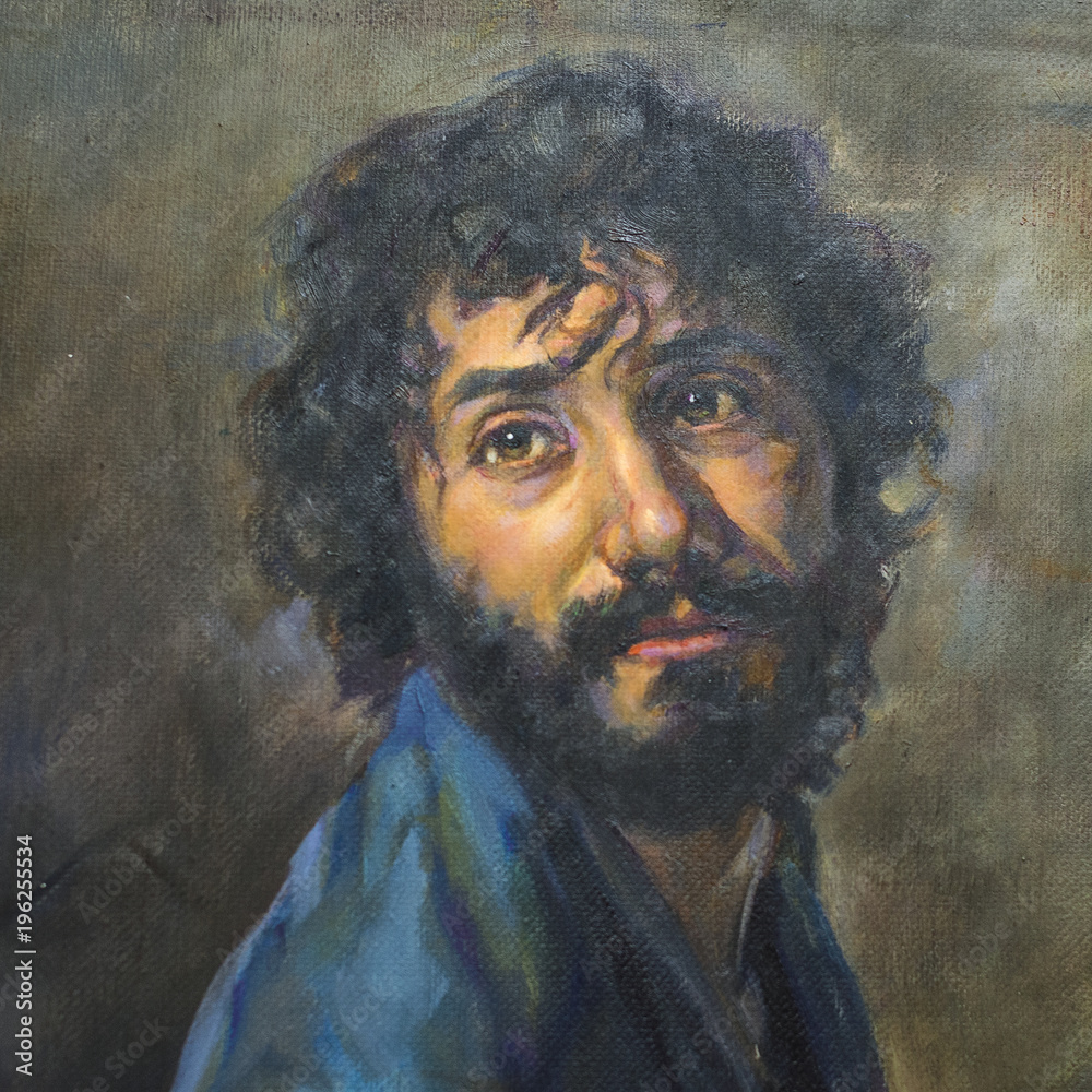 oil painting on canvas of a young man with a beard. Stock Illustration ...