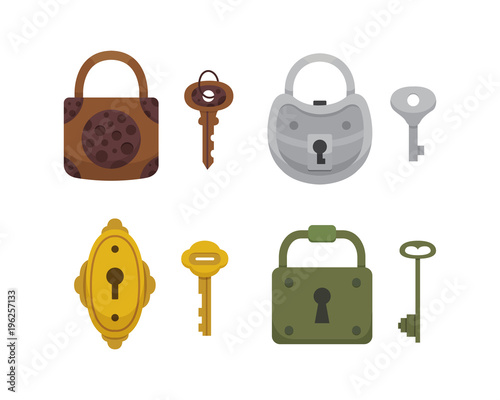 Set of vintage keys and locks. Vector illustration cartoon padlock. Secret, mystery or safe icon.