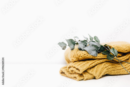 Fototapeta Naklejka Na Ścianę i Meble -  Knitted warm sweater  with eucalyptus brunch.